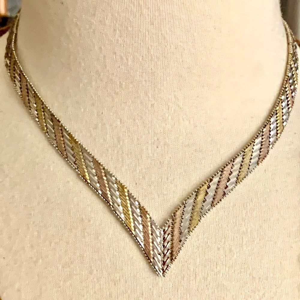 Italian sterling silver tritone gold gilded collar necklace signed 925 Italy
